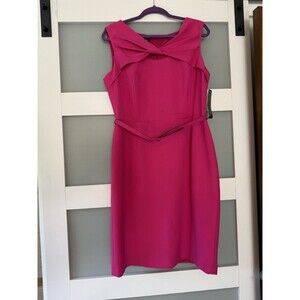 Jones New York Belted Pink Dress Sz 14 Unique Twist Neckline Sheath Knee Length